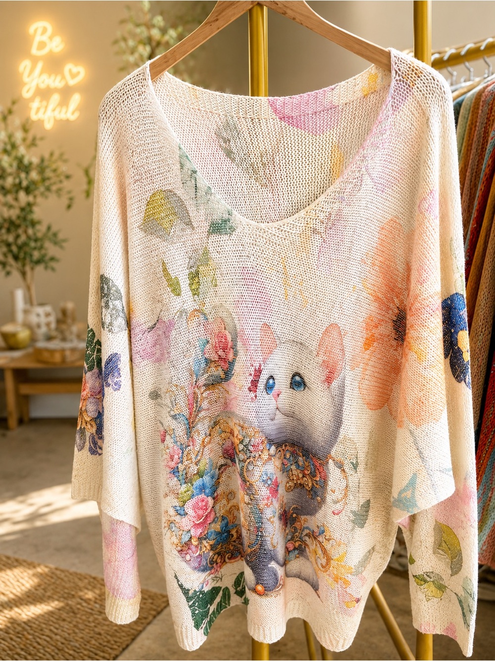 S02. From Italy 🇮🇹 Cream Floral Cat-Print Knit Sweater